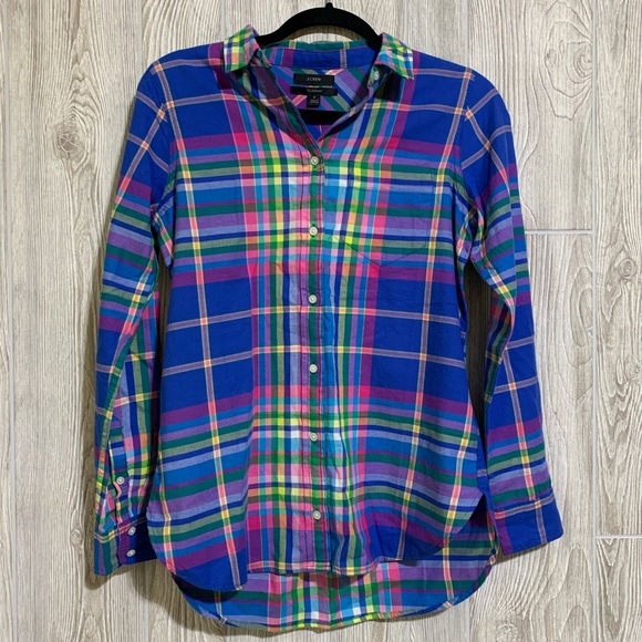 J. Crew Tops - J Crew Classic Blue Pink Yellow Plaid Long Sleeve Button Down Size 2